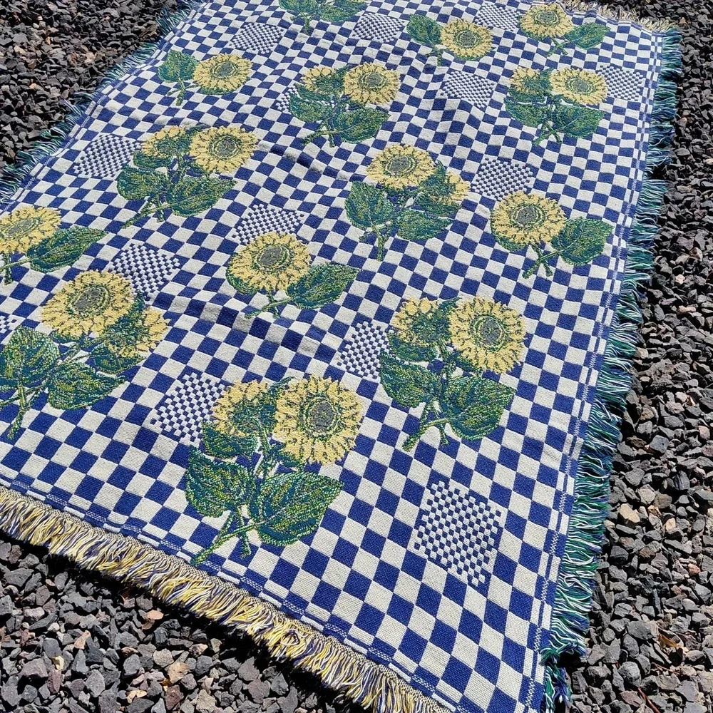 Vtg Sunflower Flowers Tapestry Blanket Throw Fringe Blue Check Country Cottage